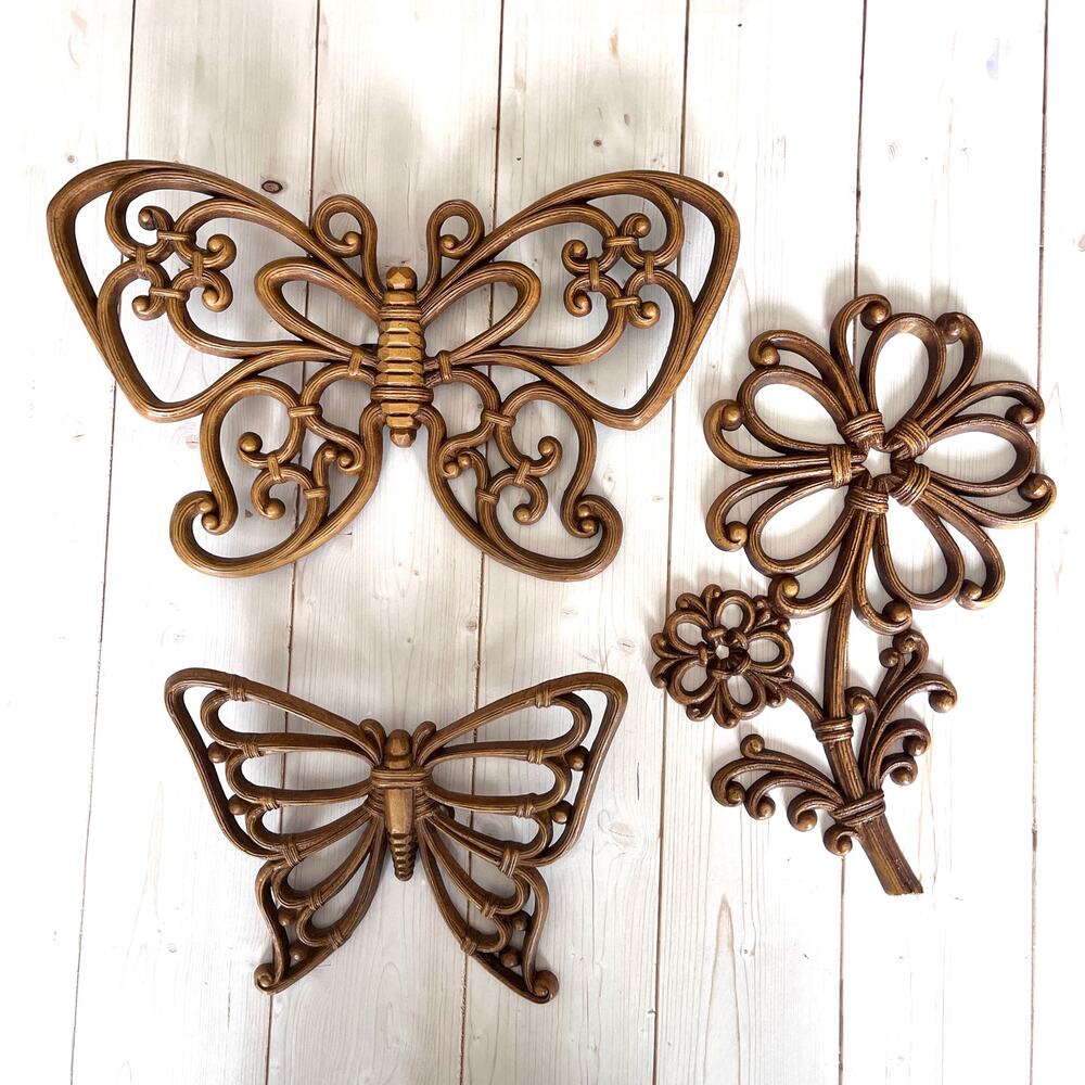 Vintage Homco Butterfly Flower Faux Wood Bamboo Wall Decor Set of 3 Boho Cottage